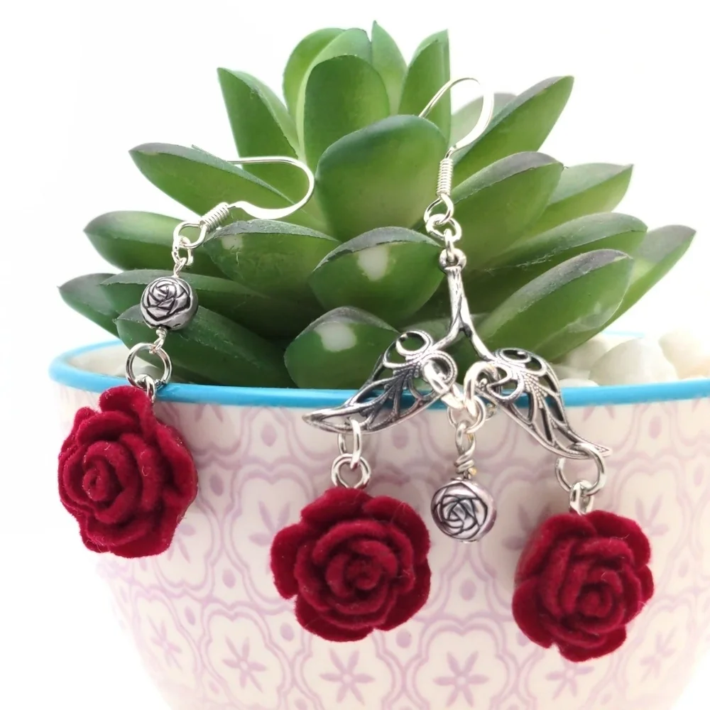 381MIDALANE Assymmetrical Flocked Red Rose Earrings